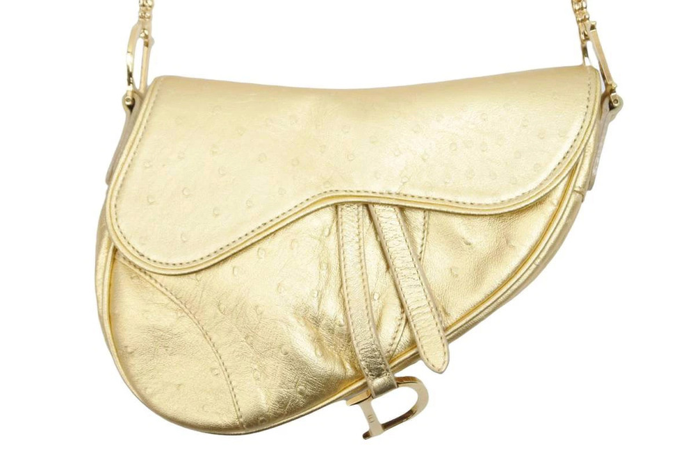 Dior Shoulder Ostrich Bag Saddle Christian Gold Galliano Gold